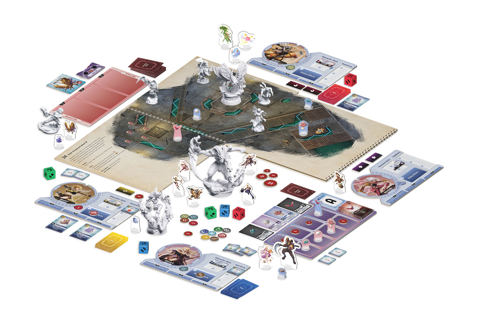 Spielaufbau von Ragnarök mit aufgeschlagenem Spielbuch, Charaktertableaus, Fertigkeitskarten, Miniaturen, Aufstellern und Würfeln